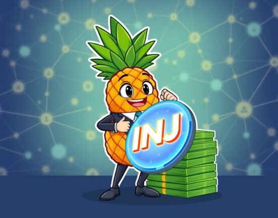 Cartoon pineapple character investing in a glowing INJ token, symbolizing Pineapple Financial's strategic $100M investment.