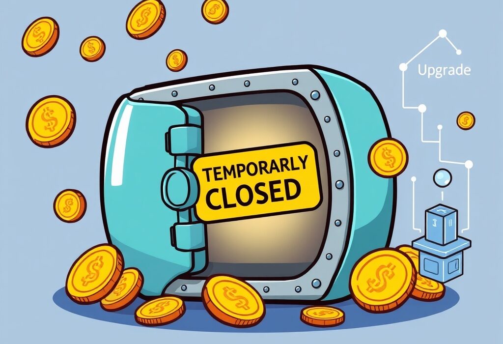 Cartoon showing a temporary halt of Injective (INJ) transactions on a crypto exchange for a network upgrade, ensuring future security.