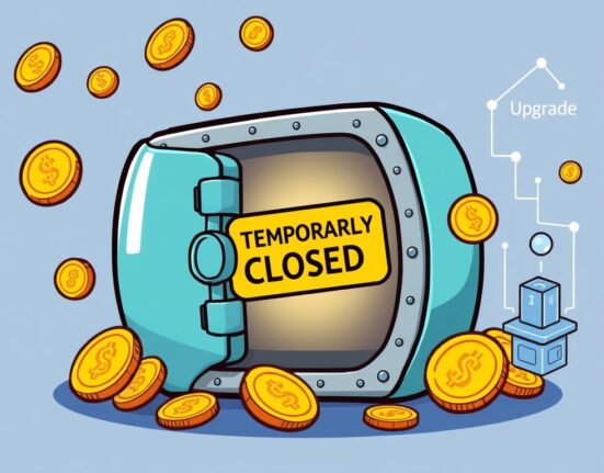 Cartoon showing a temporary halt of Injective (INJ) transactions on a crypto exchange for a network upgrade, ensuring future security.