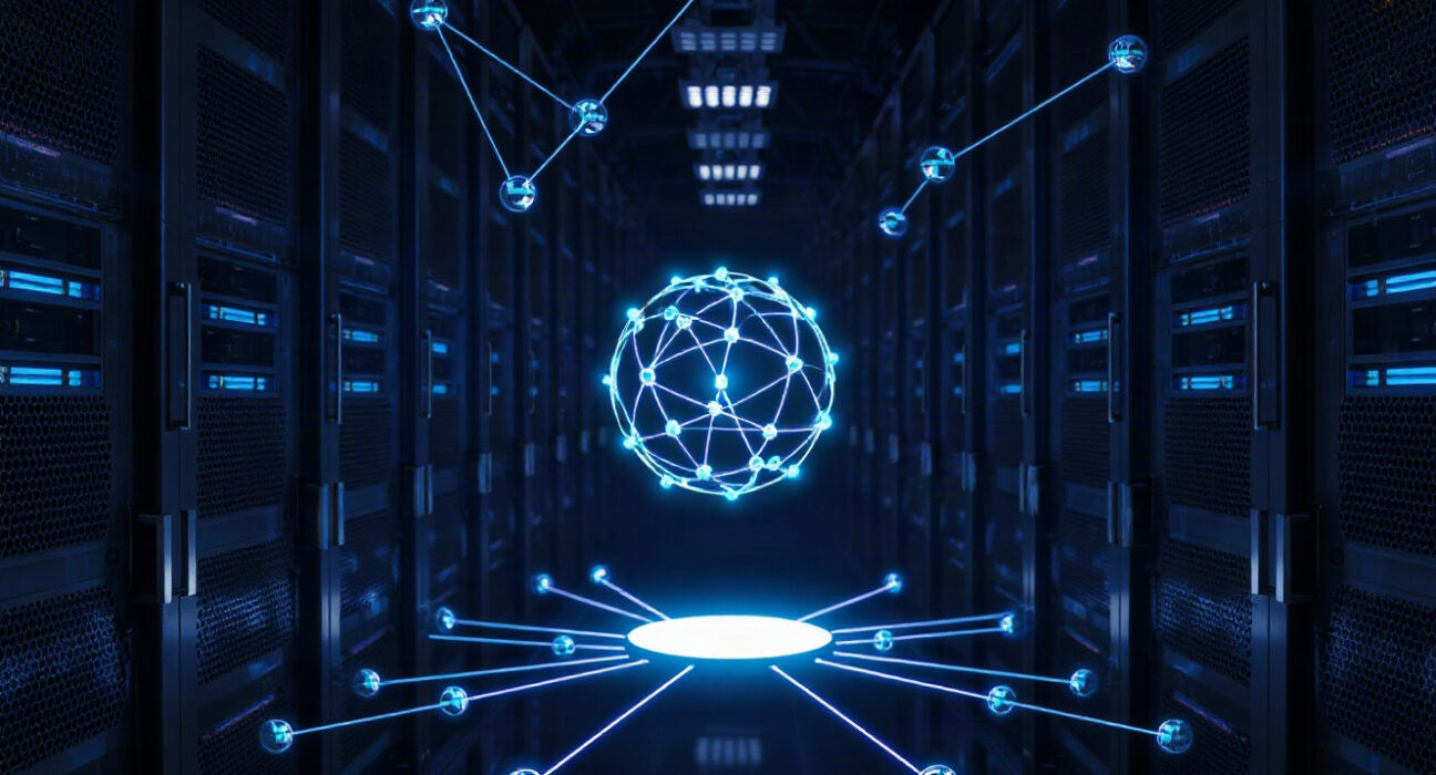 Illustration of a secure blockchain network with glowing nodes representing the Injective chain during upgrade.
