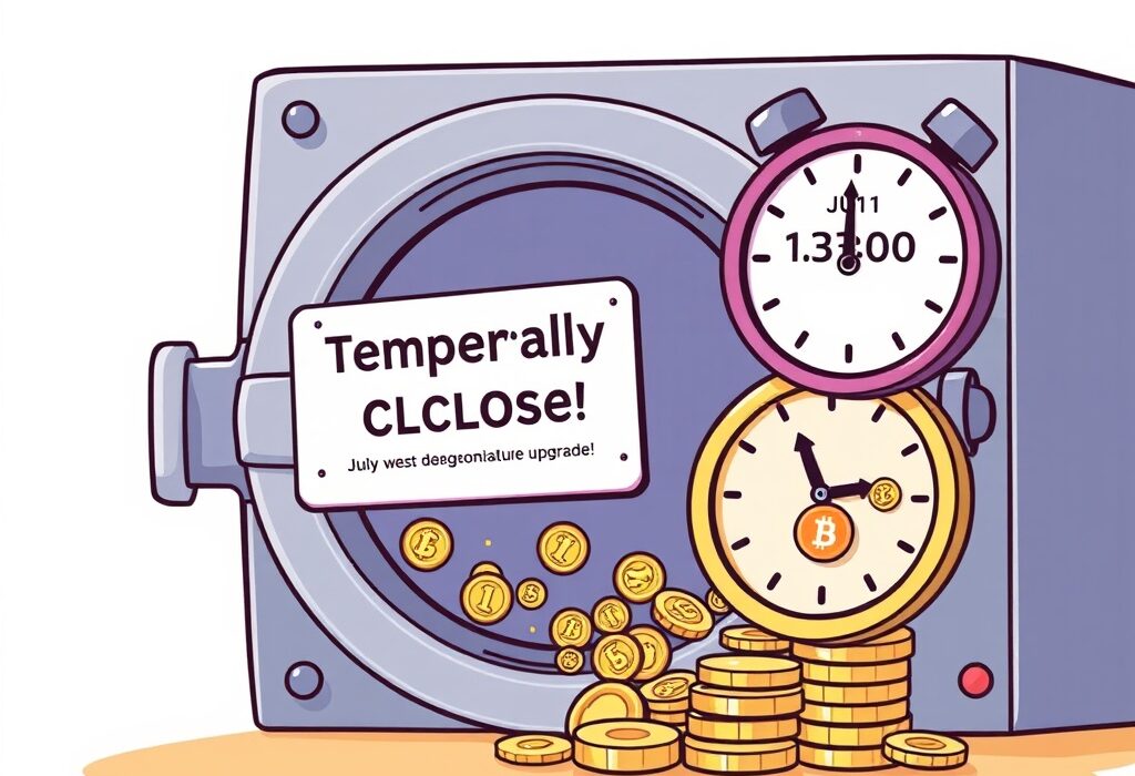 A cartoon illustration showing a temporary halt of Injective INJ transactions on a crypto exchange for a network upgrade.
