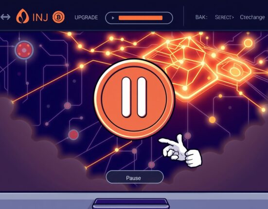 Cartoon illustration depicting the temporary Injective (INJ) suspension for deposits and withdrawals during a crucial mainnet upgrade.