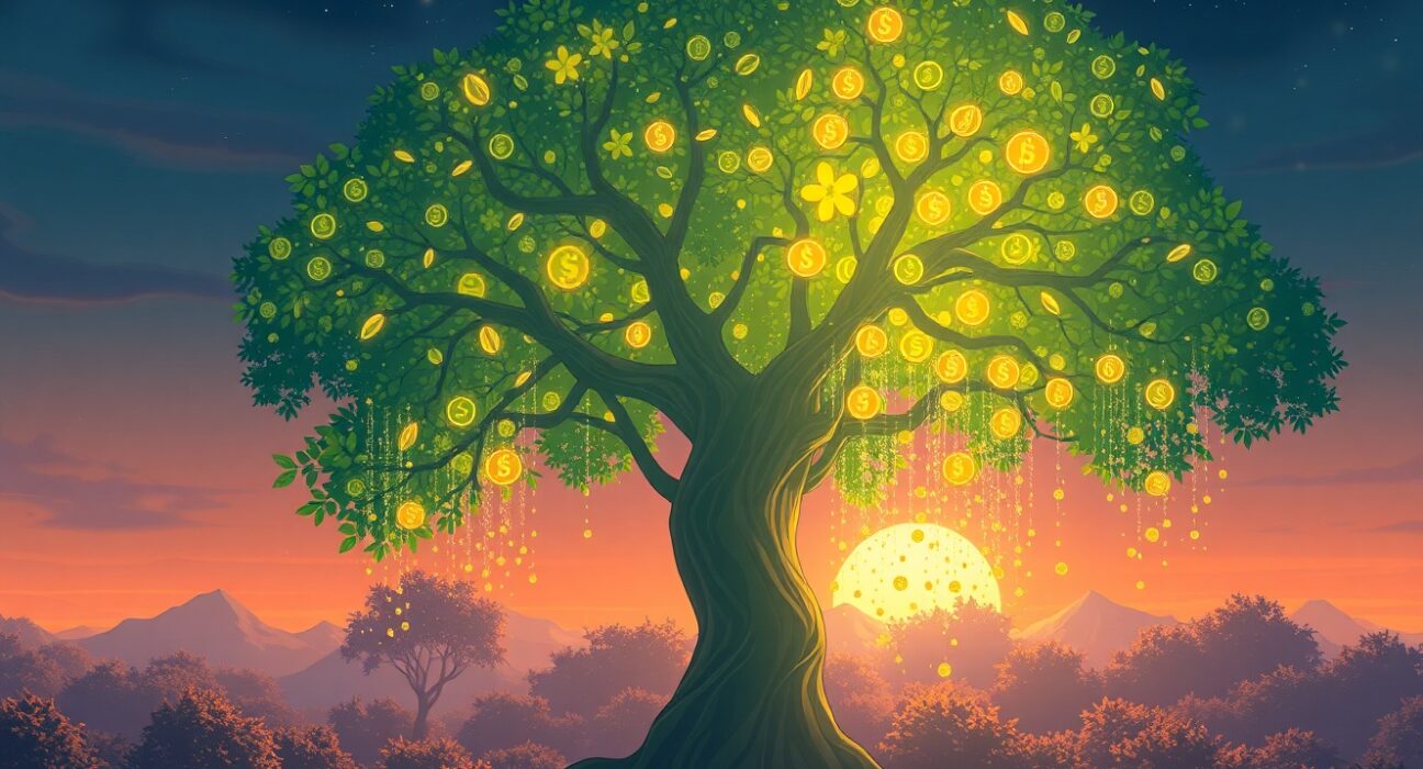 Injective INJ token supply reduction visualized as a deflationary digital ecosystem.