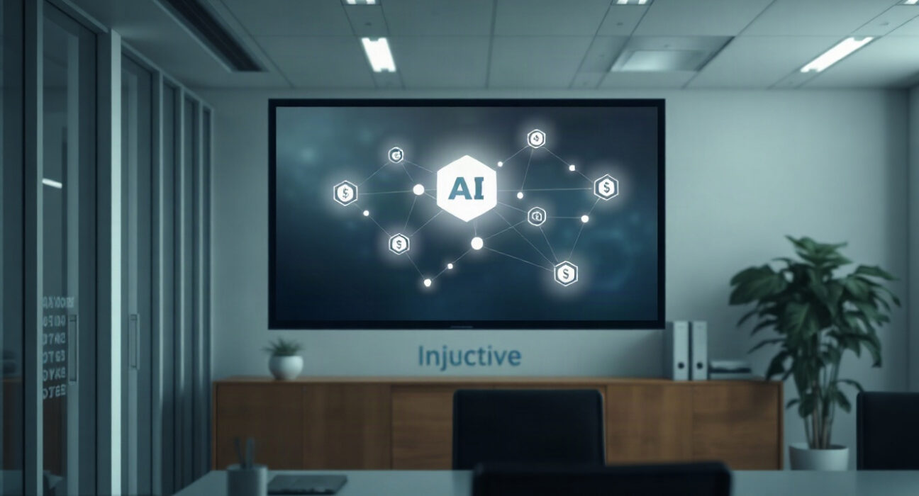 Abstract visualization of AI payment network with Injective branding elements