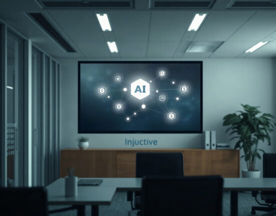 Abstract visualization of AI payment network with Injective branding elements