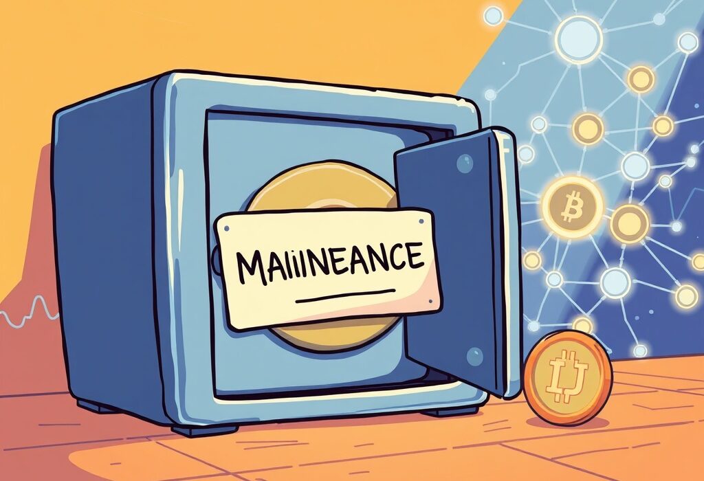 Cartoon illustration of Upbit temporarily suspending INJ deposits for a crucial Injective network upgrade, ensuring enhanced security.