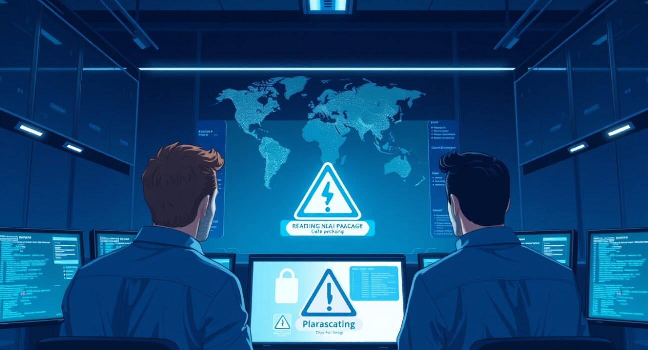 Cybersecurity analysts monitoring a warning alert for an npm package hack attempt in a dark operations center