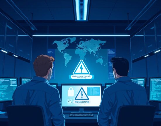 Cybersecurity analysts monitoring a warning alert for an npm package hack attempt in a dark operations center