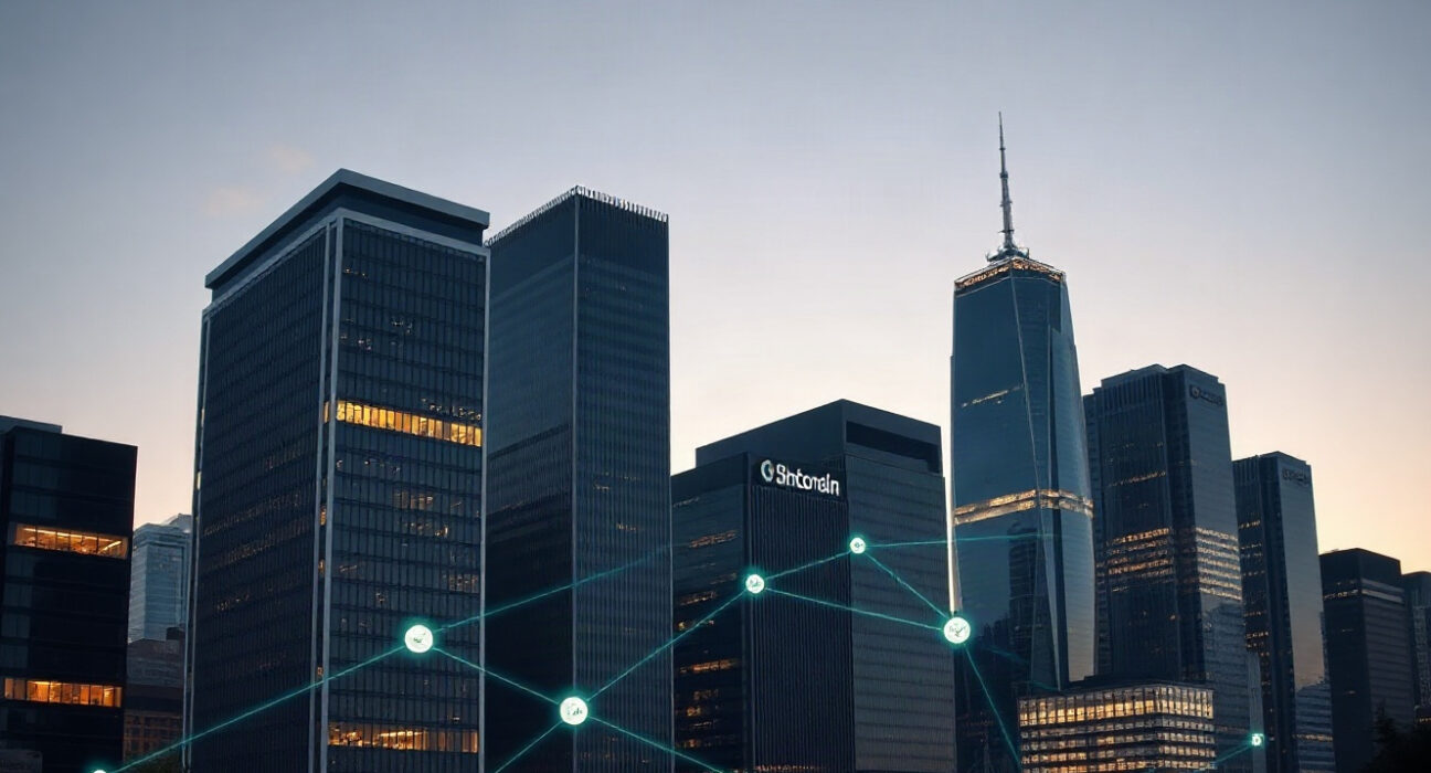 Injective blockchain SEC registration news image with financial skyline and digital network overlay