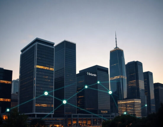 Injective blockchain SEC registration news image with financial skyline and digital network overlay