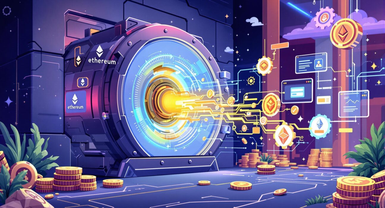 A cartoon showing secure Injective tokenization of an Ethereum treasury moving into a DeFi platform.