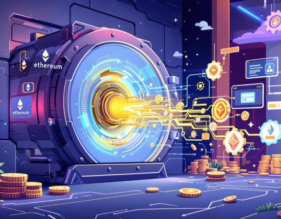 A cartoon showing secure Injective tokenization of an Ethereum treasury moving into a DeFi platform.