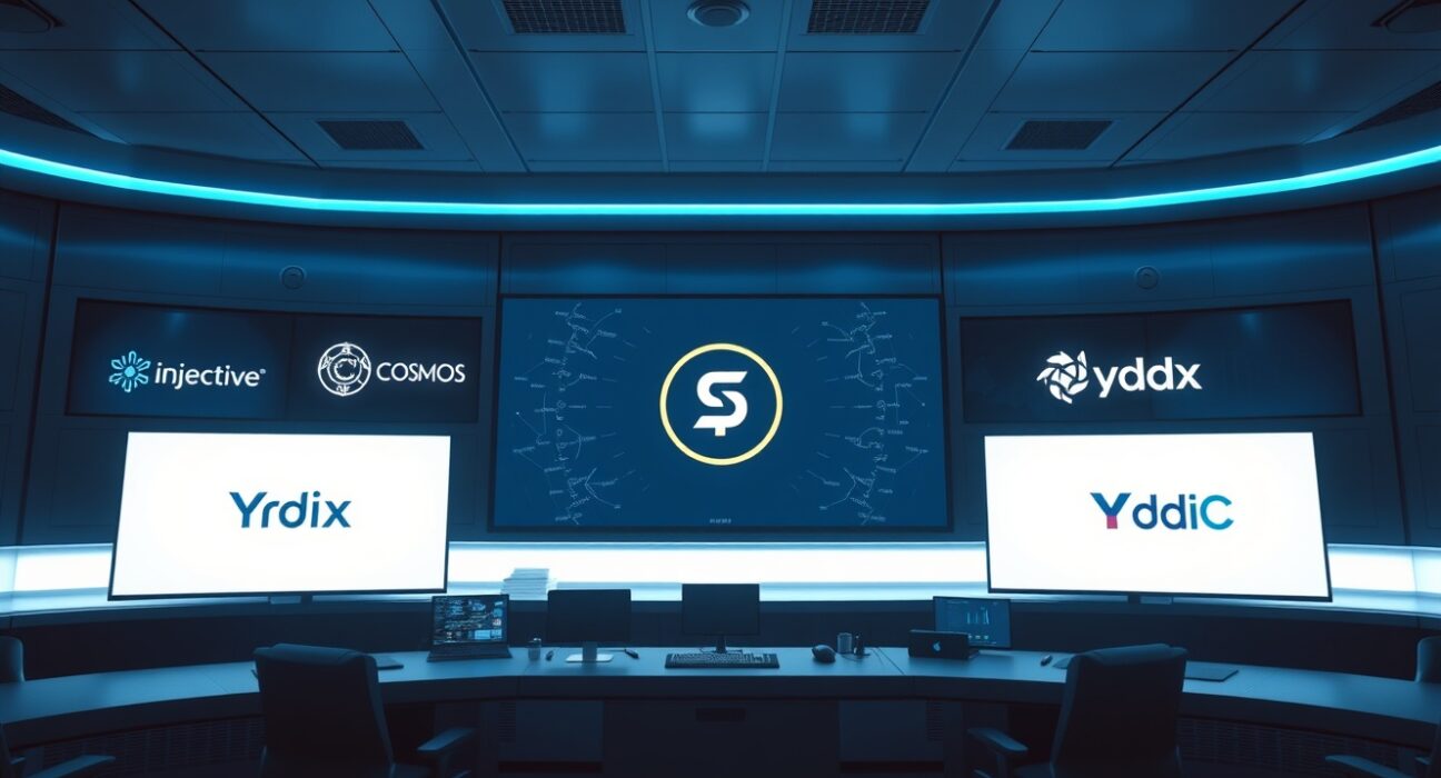 Trading desk with digital screens showing Injective, Cosmos, dYdX, and USDC branding in a professional financial setting.