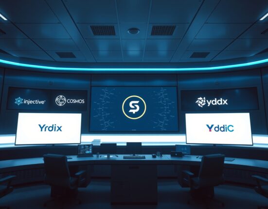 Trading desk with digital screens showing Injective, Cosmos, dYdX, and USDC branding in a professional financial setting.