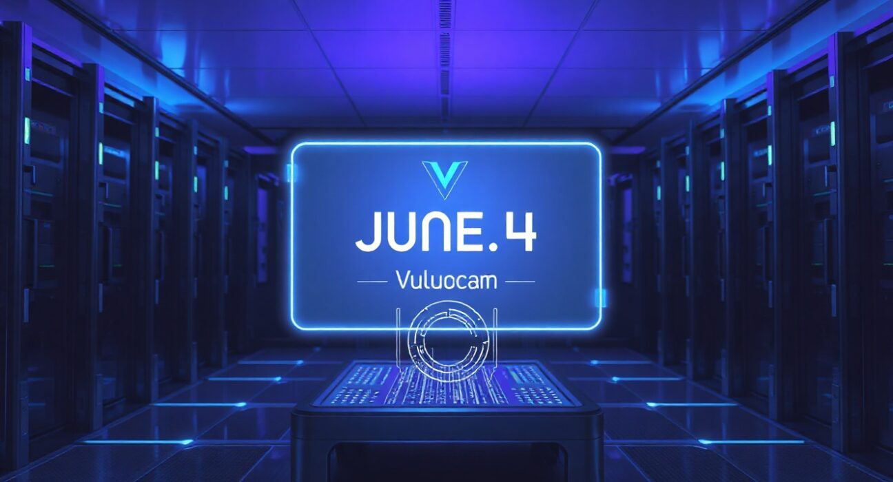Holographic display showing Injective Vulcan upgrade countdown to June 4 in a modern data center