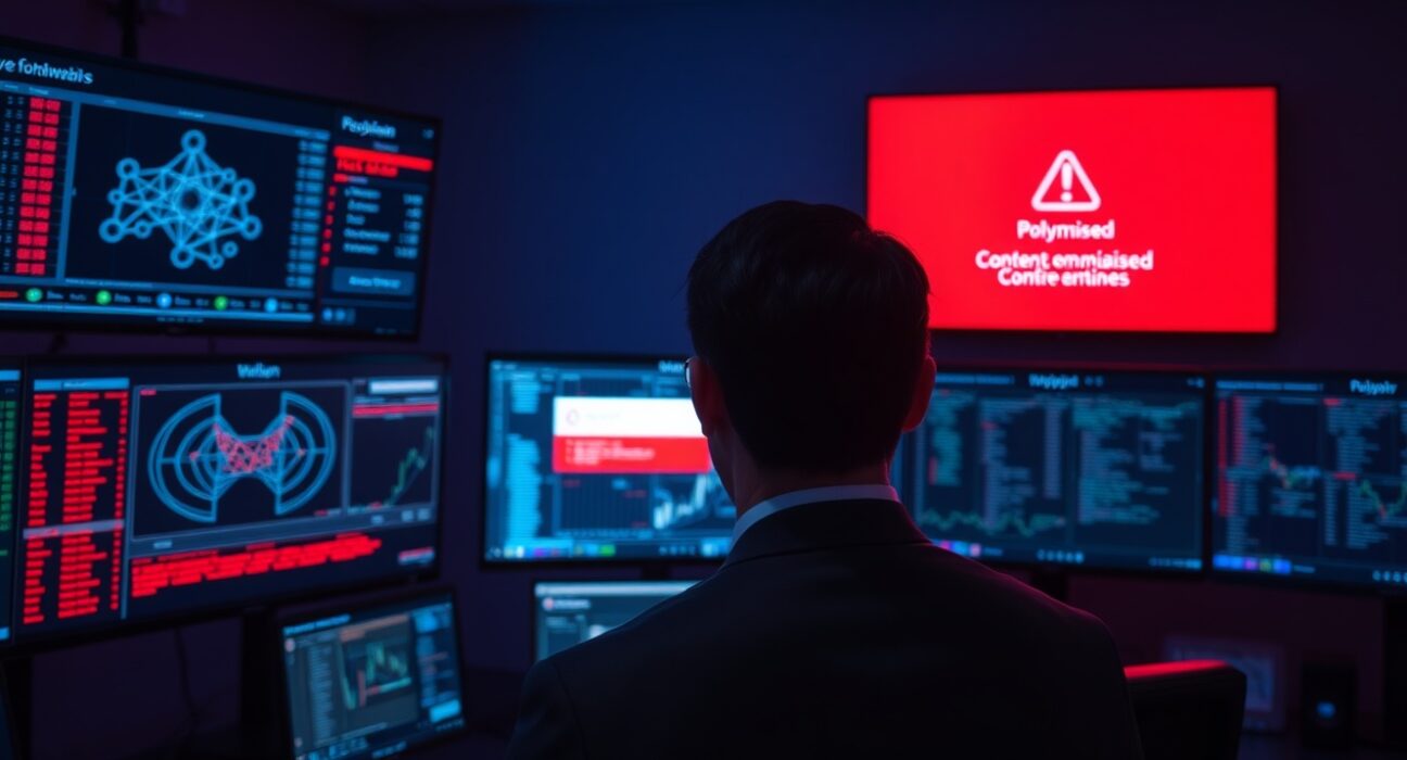 Cybersecurity analyst monitoring blockchain exploit alert on multiple screens in a dark operations center