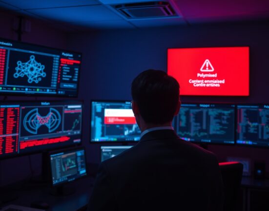 Cybersecurity analyst monitoring blockchain exploit alert on multiple screens in a dark operations center