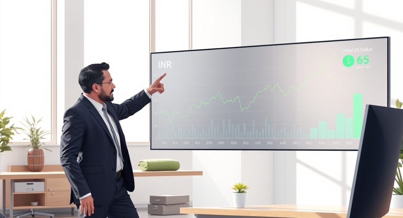DBS analyst pointing to INR exchange rate chart with oil price and economic data indicators