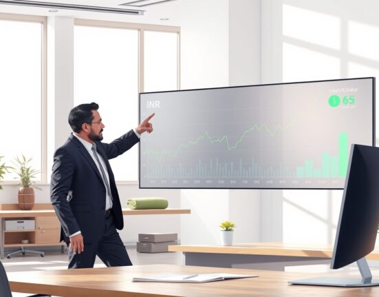 DBS analyst pointing to INR exchange rate chart with oil price and economic data indicators
