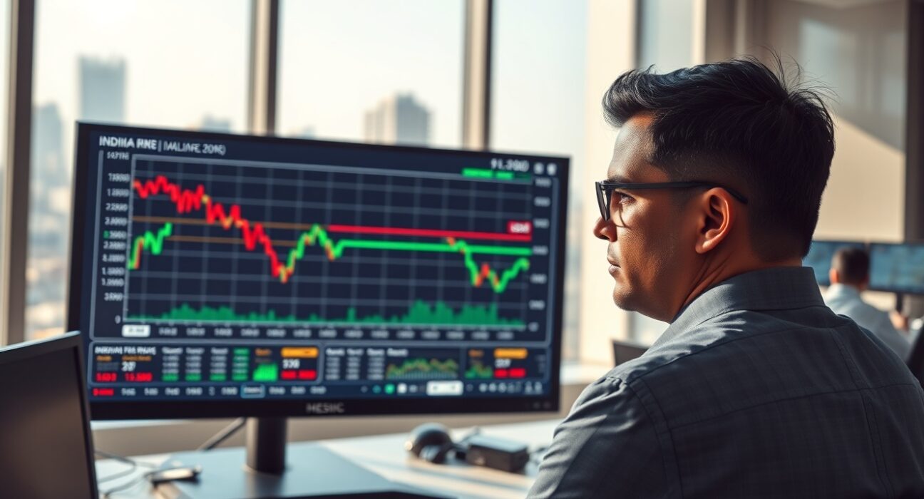 Analysis of Indian Rupee selling pressure shown on a trading desk monitor with BNY Mellon flow data.