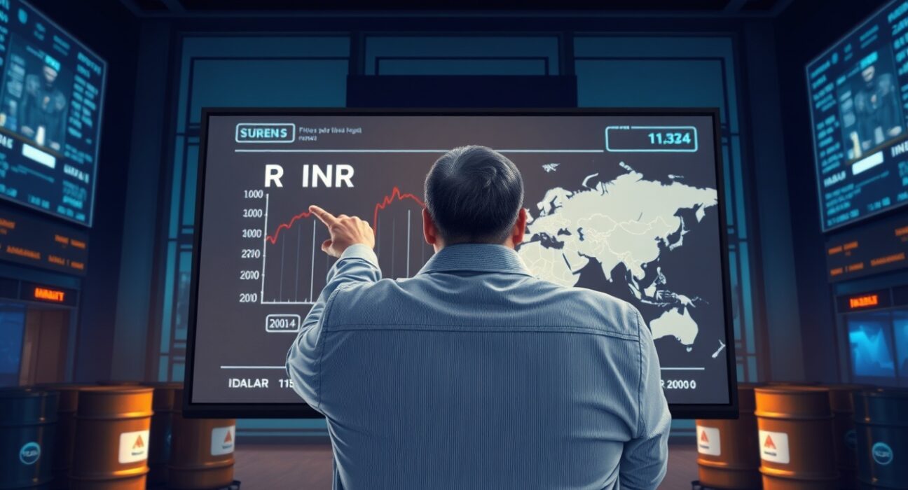 INR weakest Asian currency chart displayed on a trading floor screen with oil barrels in the background