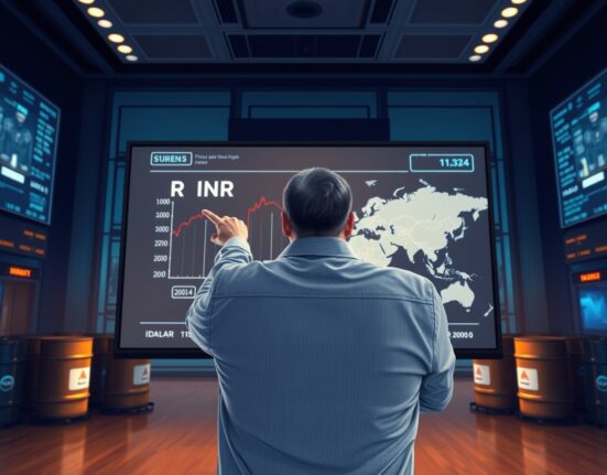 INR weakest Asian currency chart displayed on a trading floor screen with oil barrels in the background