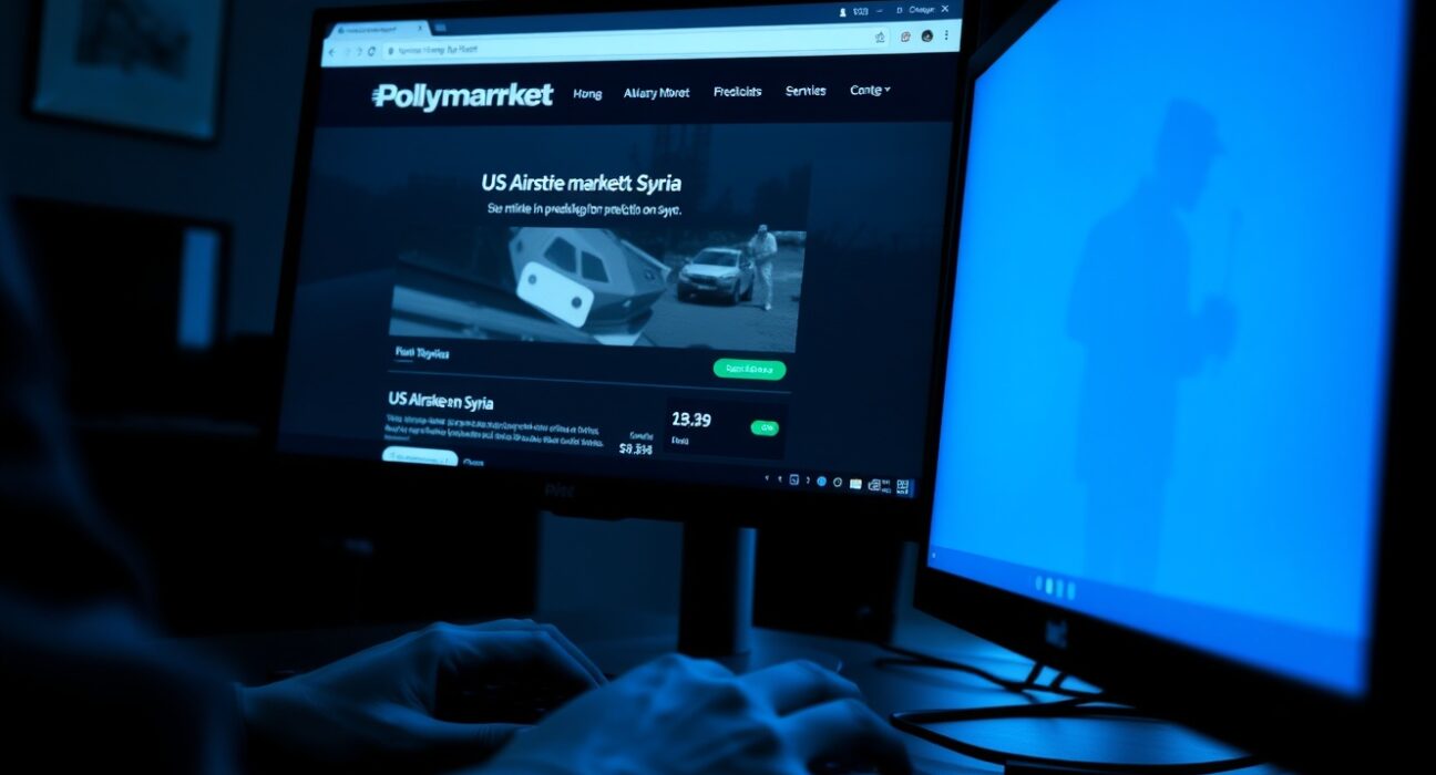 Polymarket interface showing a military prediction market with a user typing, suggesting insider trading in defense betting markets.