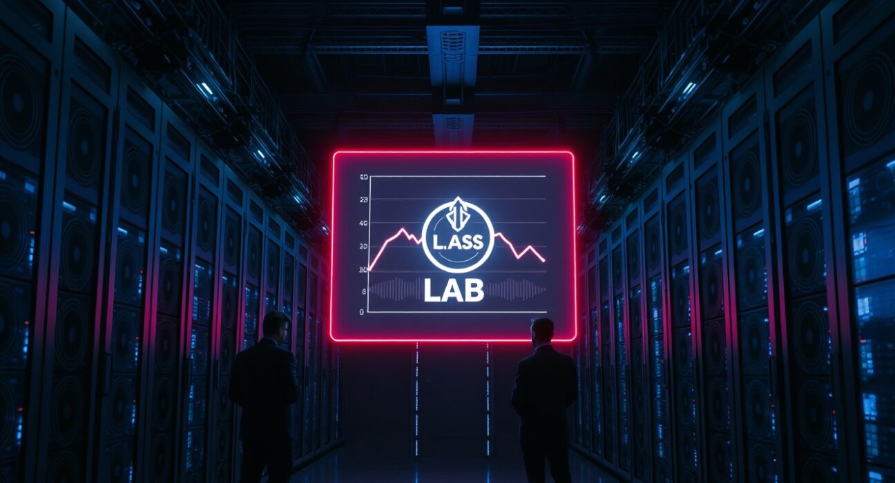 Holographic display showing LAB token price chart in a dimly lit cryptocurrency mining facility.