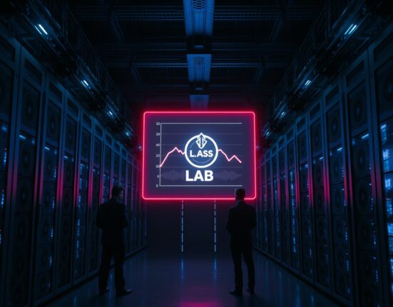 Holographic display showing LAB token price chart in a dimly lit cryptocurrency mining facility.