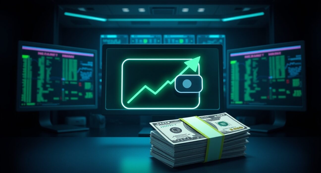 A digital wallet icon with a green upward arrow and cash, representing an insider wallet profits $1.1M from LAB token surge.