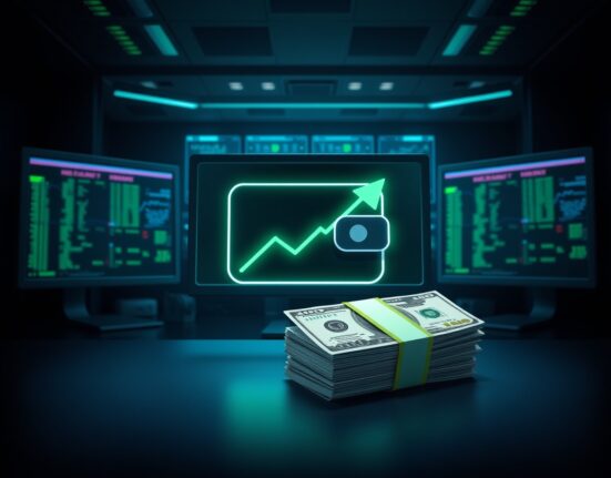 A digital wallet icon with a green upward arrow and cash, representing an insider wallet profits $1.1M from LAB token surge.