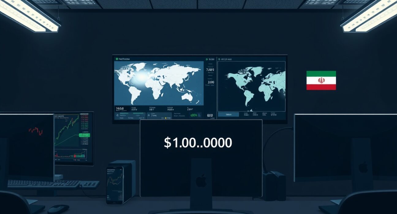 Cryptocurrency trading desk analyzing a $100,000 bet on a US-Iran ceasefire prediction market.