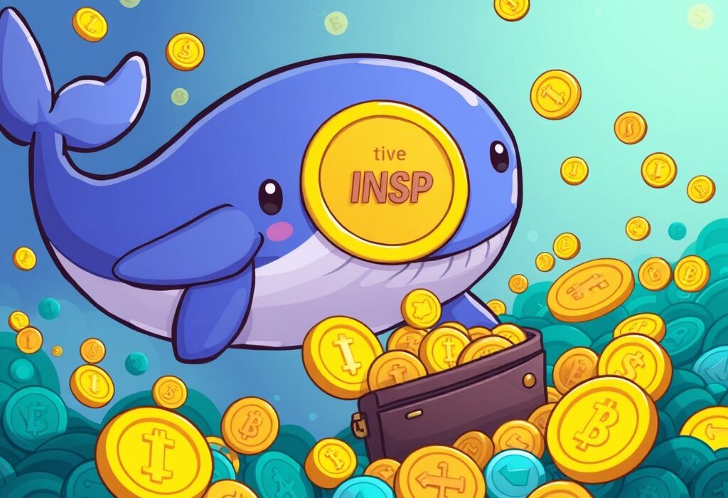 A cartoon whale gathering INSP tokens, illustrating significant INSP whale accumulation and market impact on the INSP supply.