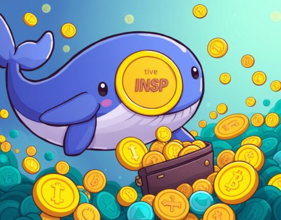 A cartoon whale gathering INSP tokens, illustrating significant INSP whale accumulation and market impact on the INSP supply.