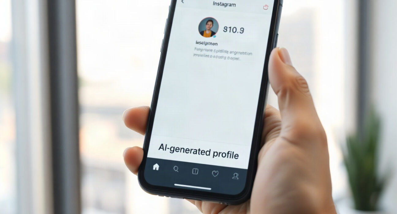 Instagram profile page showing AI-generated profile label on a smartphone screen