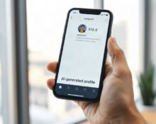 Instagram profile page showing AI-generated profile label on a smartphone screen