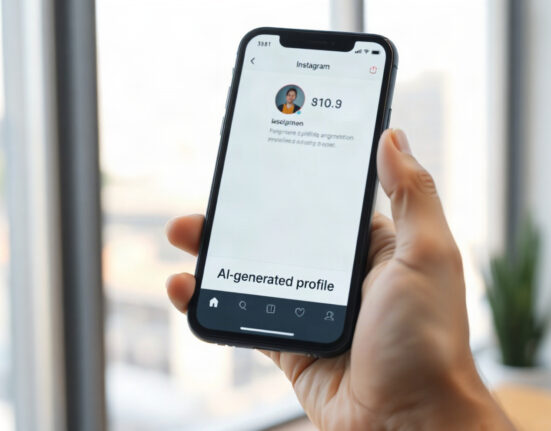 Instagram profile page showing AI-generated profile label on a smartphone screen