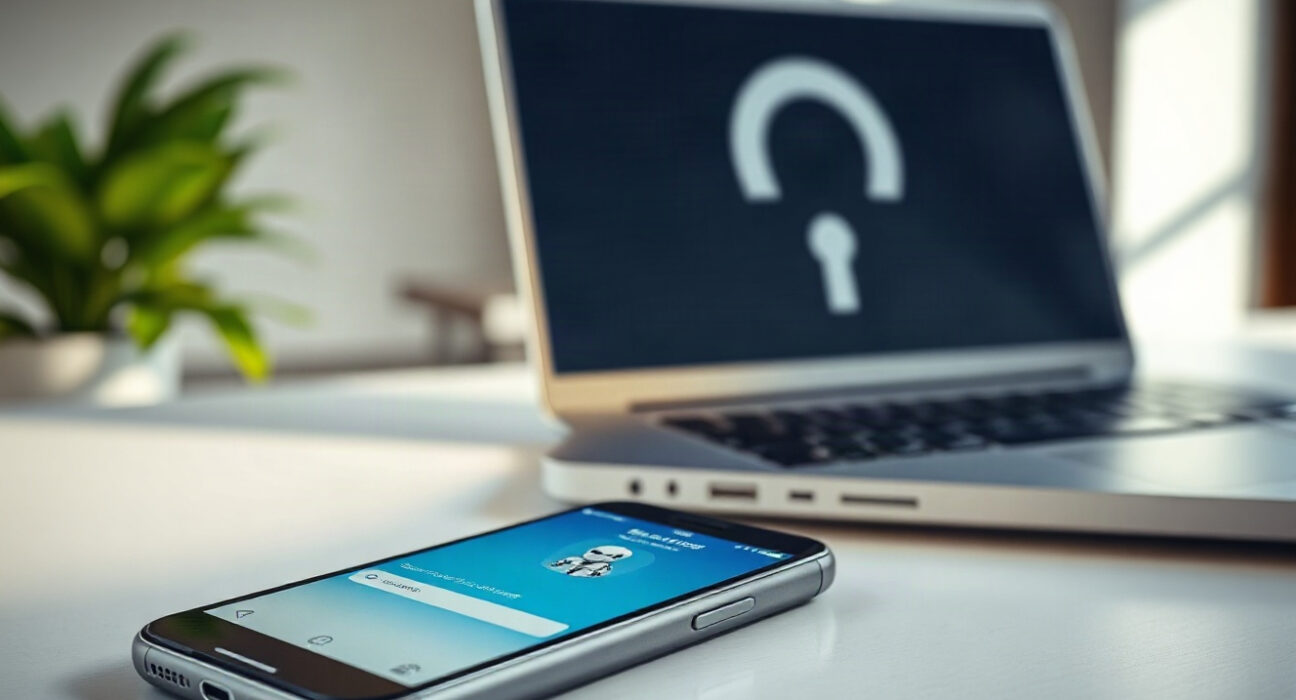 Smartphone with AI chat interface next to laptop, symbolizing privacy concerns