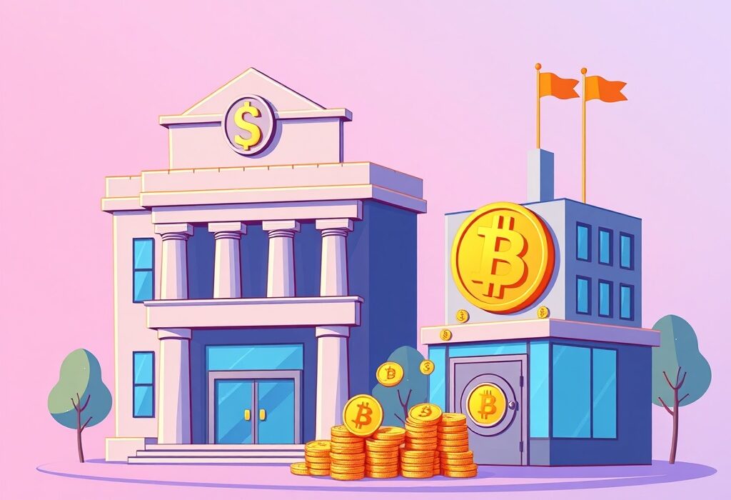 Cartoon showing an Institutional Bitcoin Acquisition, with a large financial entity receiving BTC from an exchange, signaling market confidence.