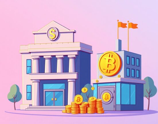 Cartoon showing an Institutional Bitcoin Acquisition, with a large financial entity receiving BTC from an exchange, signaling market confidence.