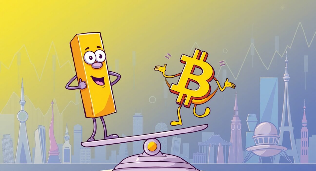 Challenges in institutional Bitcoin adoption illustrated with gold and Bitcoin symbols
