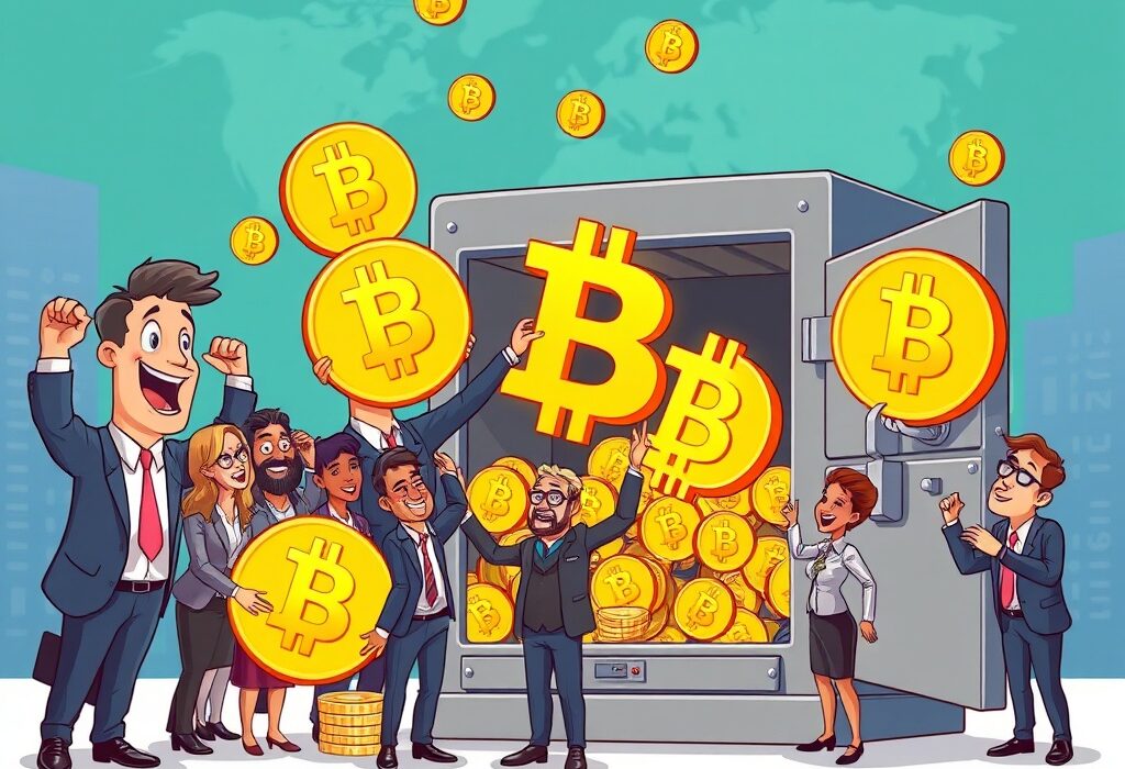 Cartoon illustration showing companies accumulating Bitcoin, symbolizing the growing trend of institutional Bitcoin adoption and corporate treasury strategies.