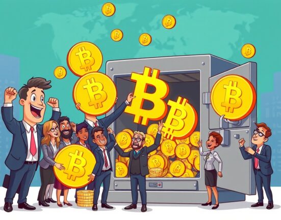 Cartoon illustration showing companies accumulating Bitcoin, symbolizing the growing trend of institutional Bitcoin adoption and corporate treasury strategies.