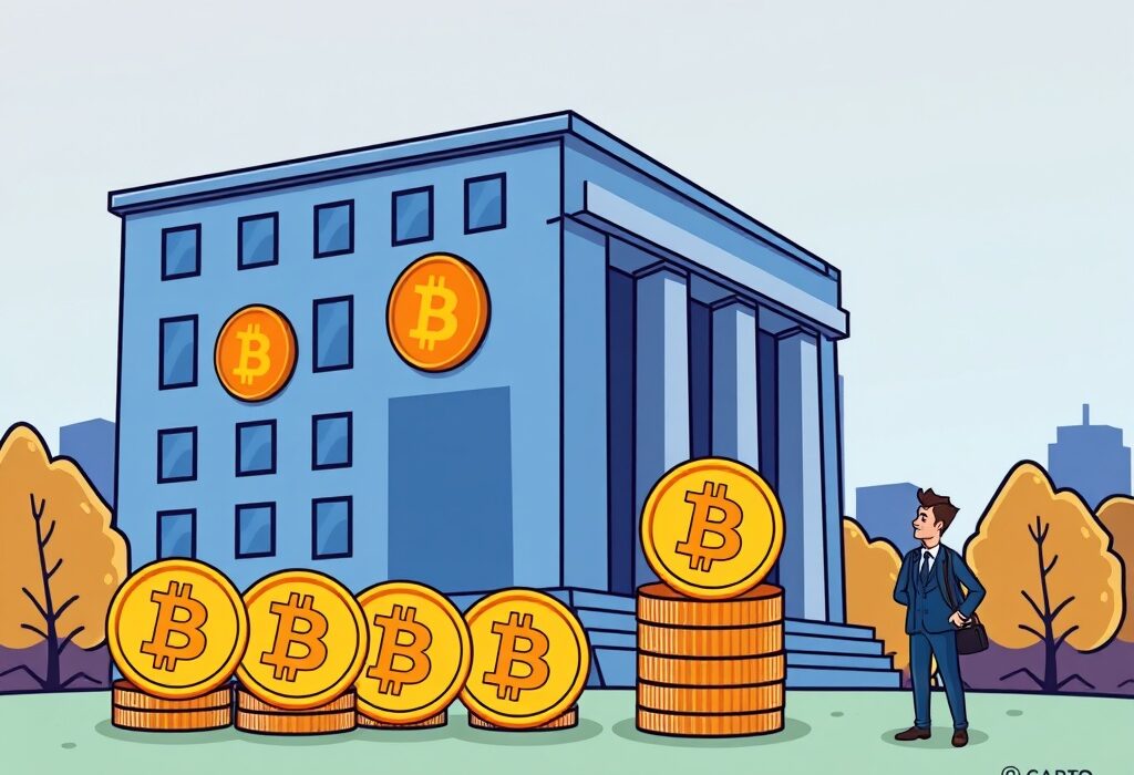 A cartoon illustration symbolizing the robust growth of institutional Bitcoin adoption, featuring a secure financial building and confident investors with BTC.