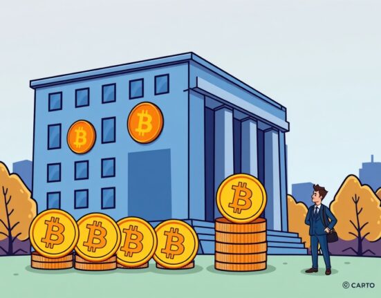 A cartoon illustration symbolizing the robust growth of institutional Bitcoin adoption, featuring a secure financial building and confident investors with BTC.