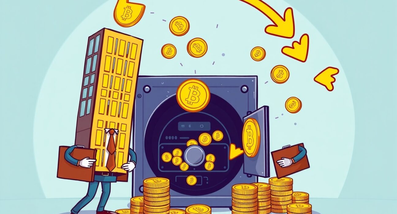 Cartoon illustration of surging institutional Bitcoin buying exceeding new coin creation.