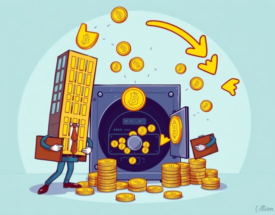 Cartoon illustration of surging institutional Bitcoin buying exceeding new coin creation.