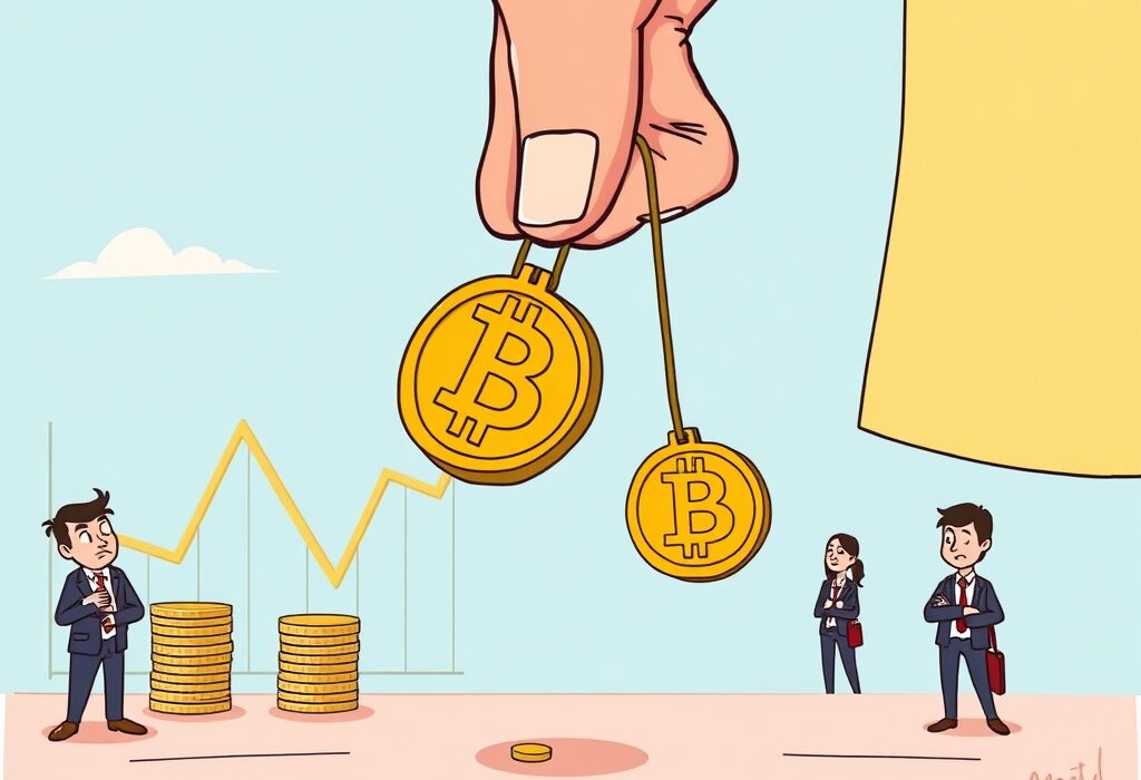 A cartoon illustration showing a significant drop in institutional Bitcoin demand, with corporate interest waning.