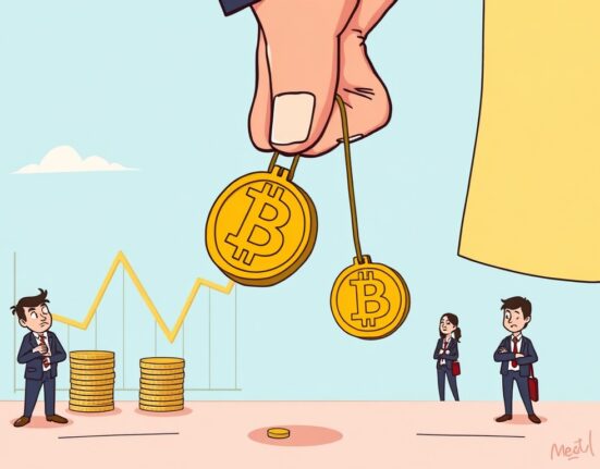 A cartoon illustration showing a significant drop in institutional Bitcoin demand, with corporate interest waning.