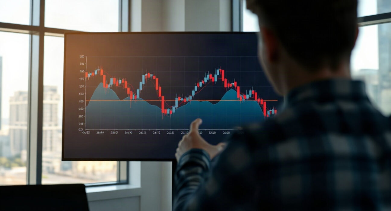 Financial analyst reviewing Bitcoin price chart on screen in modern office